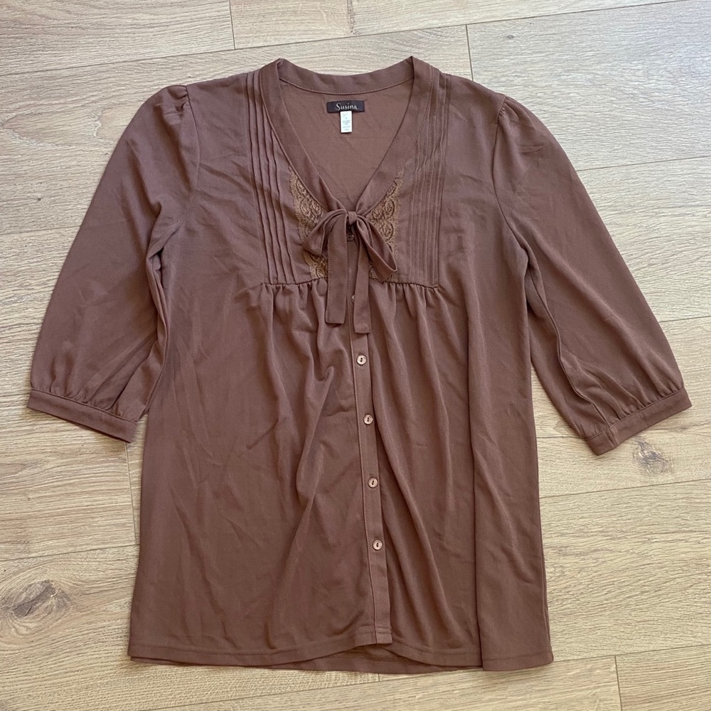 Nordstrom sheer brown tie blouse